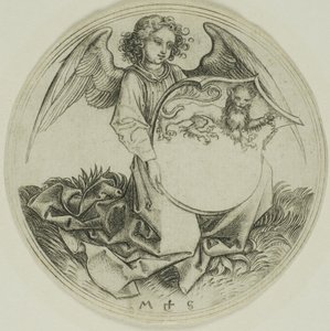 Schild met een leeuw, vastgehouden door een engel door Martin Schongauer