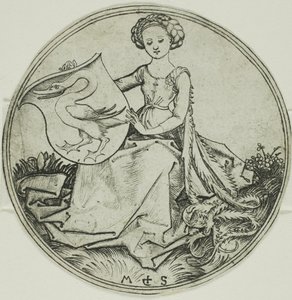 Schild met een zwaan, vastgehouden door een zittende dame door Martin Schongauer