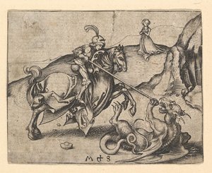 Sint Joris doodt de draak, ca. 1435-1491 door Martin Schongauer