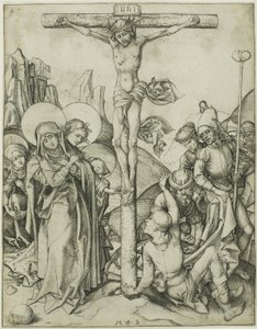 De kruisiging met de heilige vrouwen, Johannes en Romeinse soldaten door Martin Schongauer