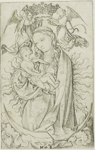 De Madonna op de sikkel gekroond door twee engelen door Martin Schongauer