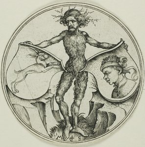Twee Schilden met een Haas en een Morenkop, vastgehouden door een Wildeman door Martin Schongauer