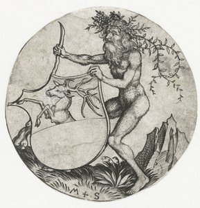 Wapenschild met een hert, vastgehouden door een wildeman met een knots door Martin Schongauer