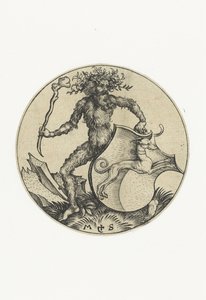 Wapenschild met een hond, vastgehouden door een wildeman met een knots door Martin Schongauer