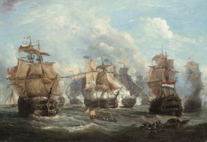 Het Engelse vlaggenschip Venerable in gevecht met het Nederlandse vlaggenschip Vrijheid bij de Slag bij Camperdown