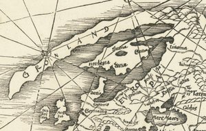 1513 kaart van de Noordzee met Groenland verbonden met Scandinavië
