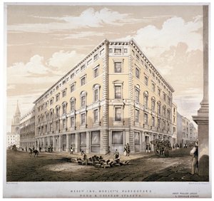 Magazijnen van Messrs J&R Morley, hoek van Wood Street en Gresham Street, Londen, ca. 1840 door Martin and Hood