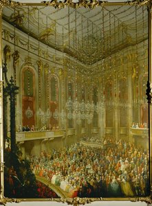 Huwelijksconcert voor keizer Jozef II en Isabella van Parma;serenade in de Redoutensaal in het keizerlijk paleis van Wenen ... (olieverf op doek)