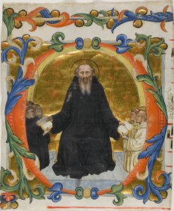 Sint Benedictus presenteert zijn regel aan Benedictijnse en Cisterciënzer monniken in een gehistorieerde initiaal 