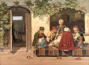 Een groep schakers buiten een Turks koffiehuis en barbershop