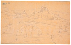 Italiaans landschap met een brug over een rivier en de stad Subiaco op de achtergrond