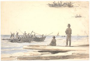 Twee vissersboten varen naar het strand van Skagen