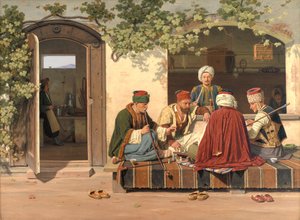 Een groep schakers buiten een Turks koffiehuis en barbershop door Martinus Rørbye