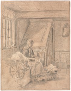 Boerenkamer met meisje dat wol kaardt door Martinus Rørbye