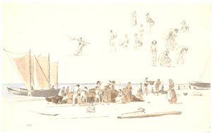 Vissers in Skagen lossen boten op het strand