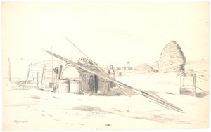 Vissershut in Skagen Østerby, met de witte vuurtoren op de achtergrond door Martinus Rørbye