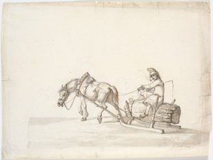 Paardenslee met een man op een bundel riet [?]