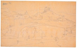 Italiaans landschap met een brug over een rivier en de stad Subiaco op de achtergrond