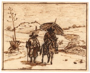 Italiaans landschap met ezelrijder en een wandelaar