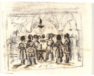 Compositieontwerp met een middeleeuwse (?) scène