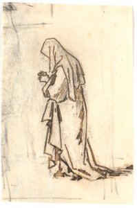 Staande vrouw in gewaad en hoofddoek