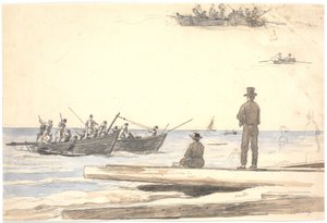 Twee vissersboten varen naar het strand van Skagen door Martinus Rørbye