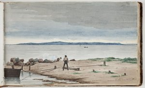 Uitzicht op een Strandlandschap met Stormwolken aan de Hemel. Twee Mannen Werken bij een Boot en een Vuur op de Voorgrond door Martinus Rørbye