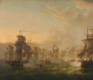 Botsing van de Nederlandse en Britse vloten tijdens de passage van het Nederlandse flottielje naar Boulogne (1804) door Martinus Schouman (signed by artist)