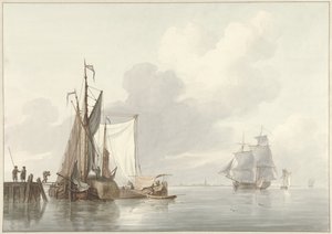Riviergezicht met afgemeerde schepen