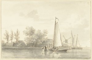 Riviergezicht met zeilschip en roeiboot