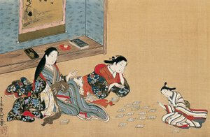 Vrouwen die kaarten spelen, door Maruyama Okyo, zijdeschildering in ukiyo-e stijl, Japan