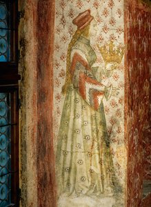 Margarete Maultasch, gravin van Tirol, in een muurschildering in een raamkozijn van de badkamer in kasteel Runkelstein, Zuid-Tirol ... (muurschildering)