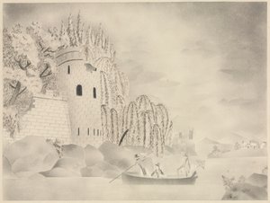 De eenzame toren (kasteel aan een rivier met wilgen en een boot)