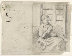 Breien in de bibliotheek (recto), ca. 1881 door Mary Cassatt