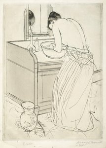 Vrouw die baadt door Mary Cassatt