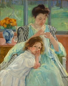 Jonge moeder aan het naaien, 1900