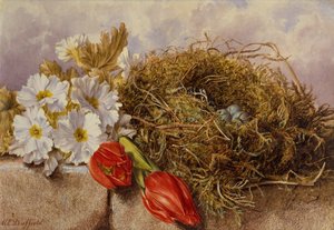 Een Stilleven van Bloeiende Tulpen en een Vogelnest op een Richel