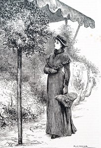 Een vrouw die hulst koopt voor kerstversieringen. Door Mary Ellen Edwards (1838-1934) een Engelse kunstenaar