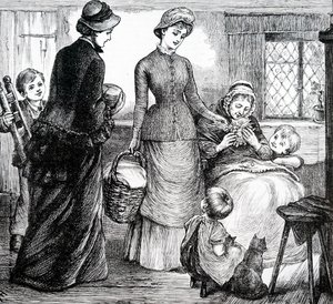 Een vrouw die geschenken geeft aan een arme bewoner door Mary Ellen Edwards