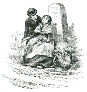Een behoeftige, ongehuwde moeder uitgeput gevonden op weg naar het armenhuis met haar baby. Scène die doet denken aan een roman van Thomas Hardy maar niet ongewoon in landelijke gebieden in het hele land. Illustratie door Mary Ellen Edwards ca. 1881
