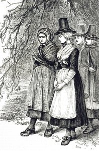 Een gravure die Welshe meisjes afbeeldt op een Hollantide Fair, een huurbeurs, wachtend om als dienstmeisjes aangenomen te worden door Mary Ellen Edwards