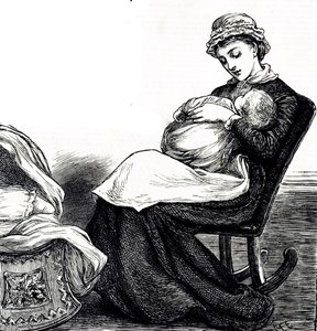 Een gravure die een moeder toont die haar baby wiegt. Geïllustreerd door Mary Ellen Edwards (1838-1934) een Engelse kunstenares en productieve illustrator van kinderboeken door Mary Ellen Edwards