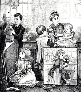Een gravure die een reguliere scène van een rijke Victoriaanse familie toont. In de hoofdafbeelding worden de kinderen in de gaten gehouden door hun kindermeisje terwijl ze met bouwstenen spelen. De inzetafbeelding toont een klein meisje dat een potplant o door Mary Ellen Edwards