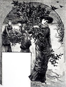 Een gravure die het verzamelen van hulst en groenblijvende planten voor kerstversiering afbeeldt. Geïllustreerd door Mary Ellen Edwards door Mary Ellen Edwards