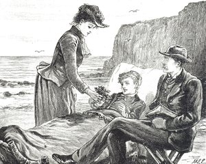 Gravure die een kreupele jongen aan zee afbeeldt