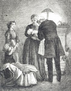 Gravure die een dokter afbeeldt die een baby met mazelen onderzoekt