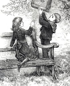 Gravure die kinderen toont met hun huismus in zijn kooi door Mary Ellen Edwards