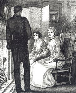 Gravure die twee vrouwen toont die zich warm houden bij de open haard
