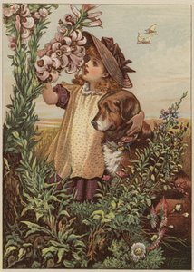 Meisje met hond ruikt bloemen door Mary Ellen Edwards