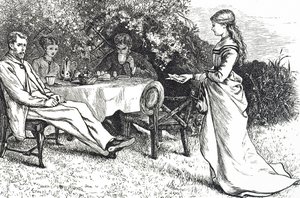 Illustratie van een gezin dat ontbijt in de tuin door Mary Ellen Edwards
